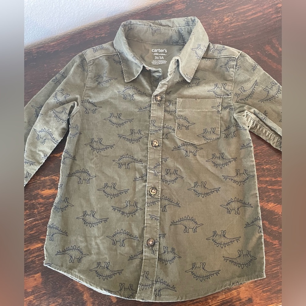 Toddler Olive Corduroy Dino Button Down Shirt 3T Carter’s